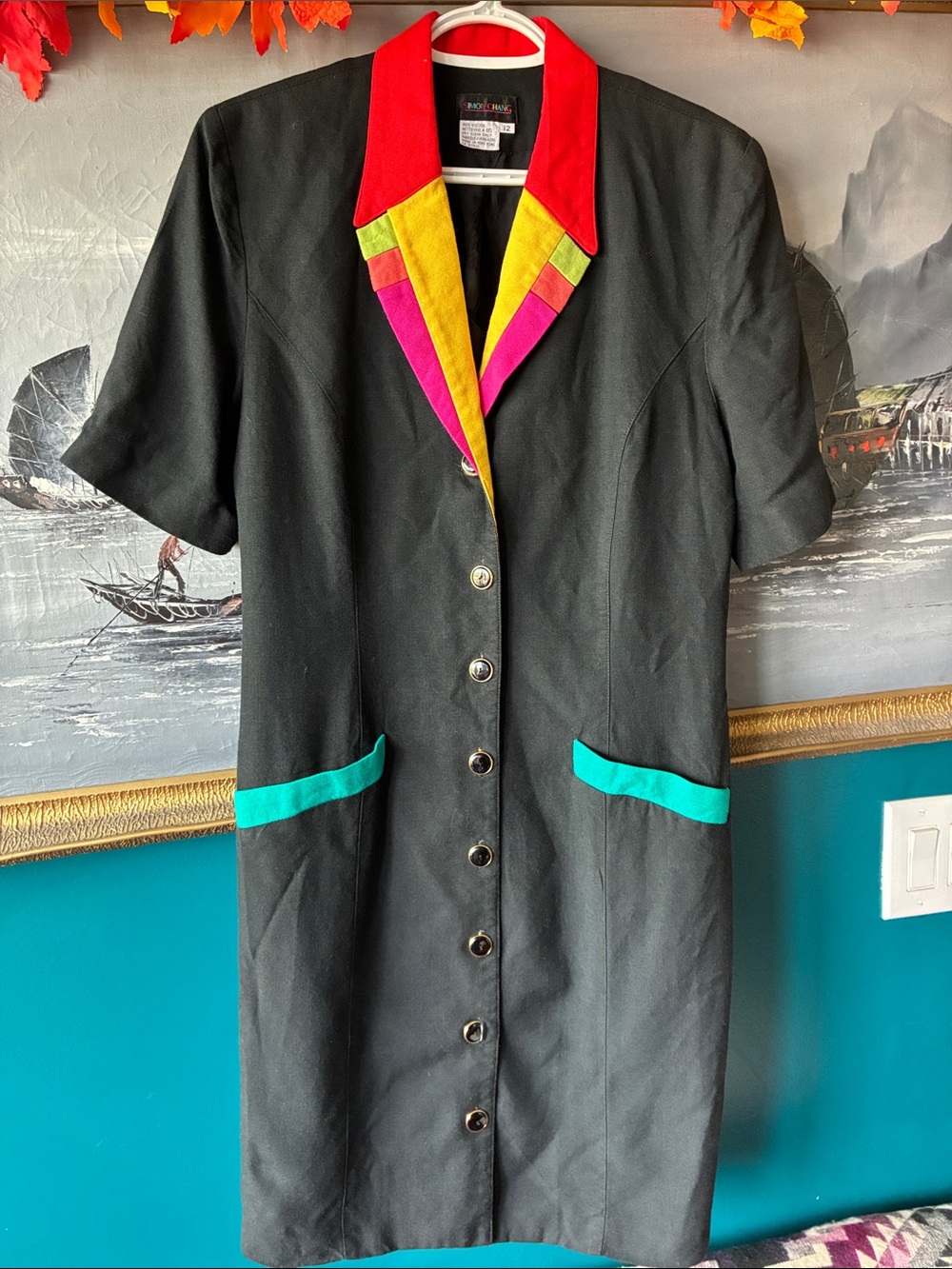1980’s/1990’s Simon Chang Black Blazer Midi Dress with Bright Multicolor Trim